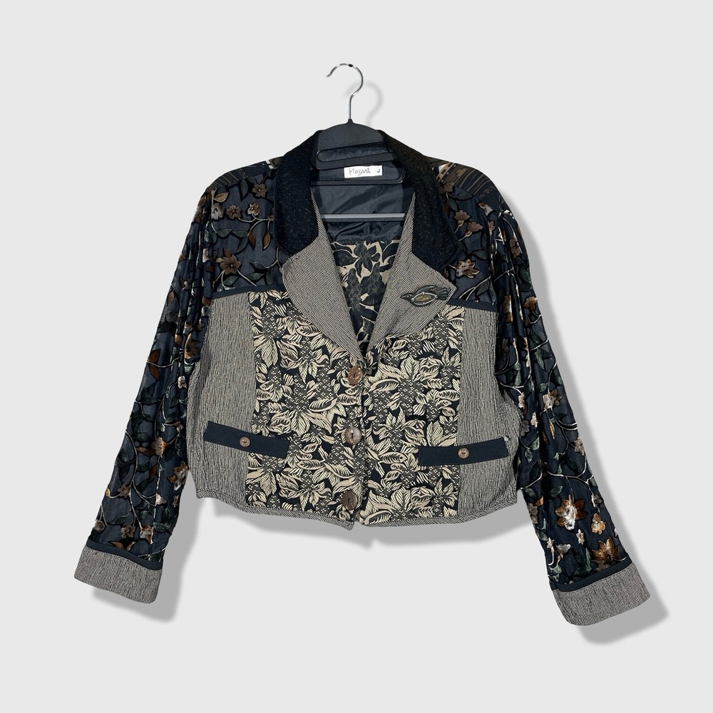 Mozart Patchwork Jacket Womens L Black Floral Art To Wear Vintage Mixed Media